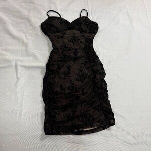 Windsor Black Lace Floral Bodycon Dress | Ruched Mini | Women’s S